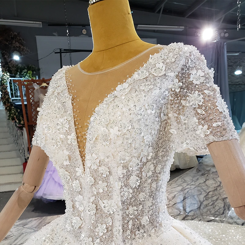 HTL2166 Ivory White Luxury Wedding Dress Wedding Lace V-neck Shiny 2021 New Short Sleeve Backless Flower Dress свадьба платье 5