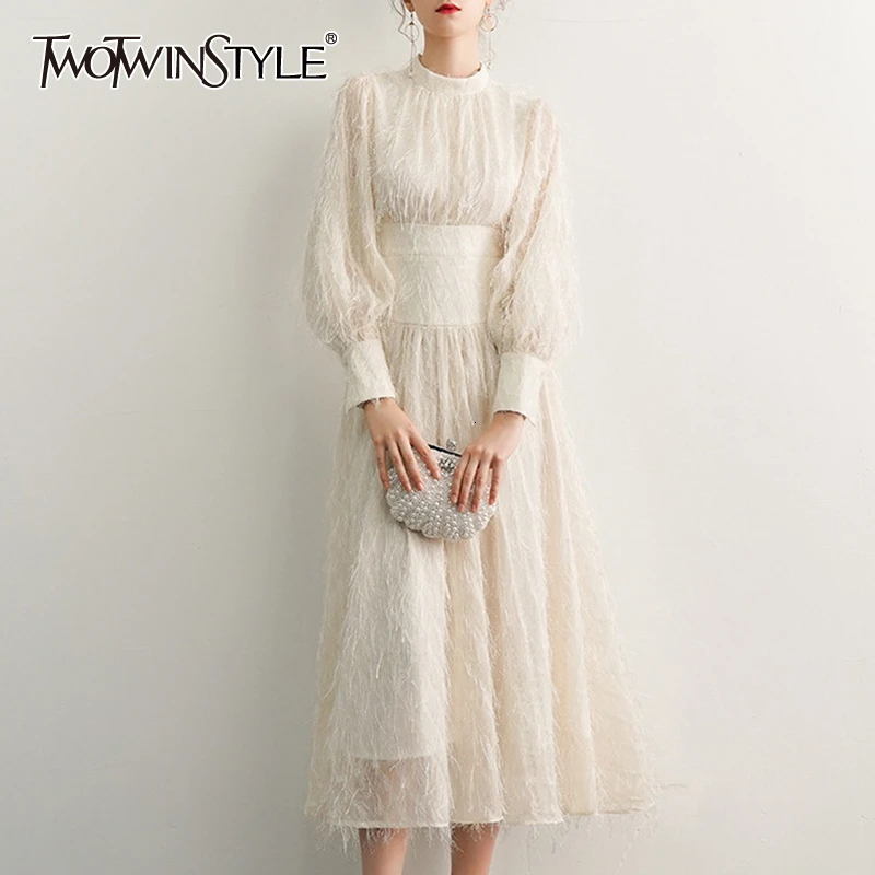 TWOTWINSTYLE белое элегантное платье с кисточками для женщин, круглый вырез, фонарь, длинный рукав, высокая талия, платья, женская мода, осень, новинка