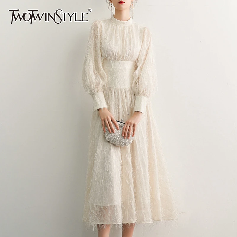 TWOTWINSTYLE White Elegant Tassel Dress For Women O Neck Lantern Long Sleeve High Waist Dresses Female Fashion Autumn 2020 New TWOTWINSTYLE White Elegant Tassel Dress For Women O Neck Lantern Long Sleeve High Waist Dresses Female Fashion Autumn 2020 New