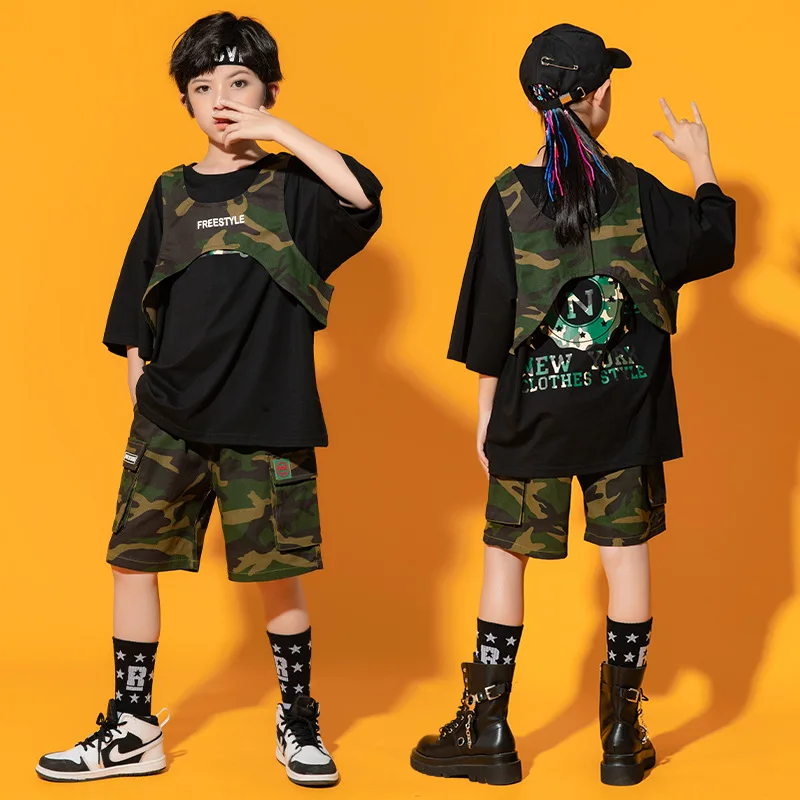 

Kid Kpop Hip Hop Clothing Oversized T Shirt Top Camo Vest Streetwear Military Cargo Shorts for Girl Boy Dance Costume Clothes