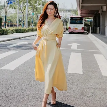 

Women V Neck Dress Solid Color Short Sleeve Split Mid Calf Dress With Belt