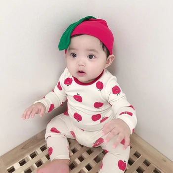 

Newborn Sleepwear Clothes Cute Apple Printed Long Sleeve T Shirt+Pant+Ear Hat 3pcs Baby Girls Nightgown Pijamas Infant Sleepsuit