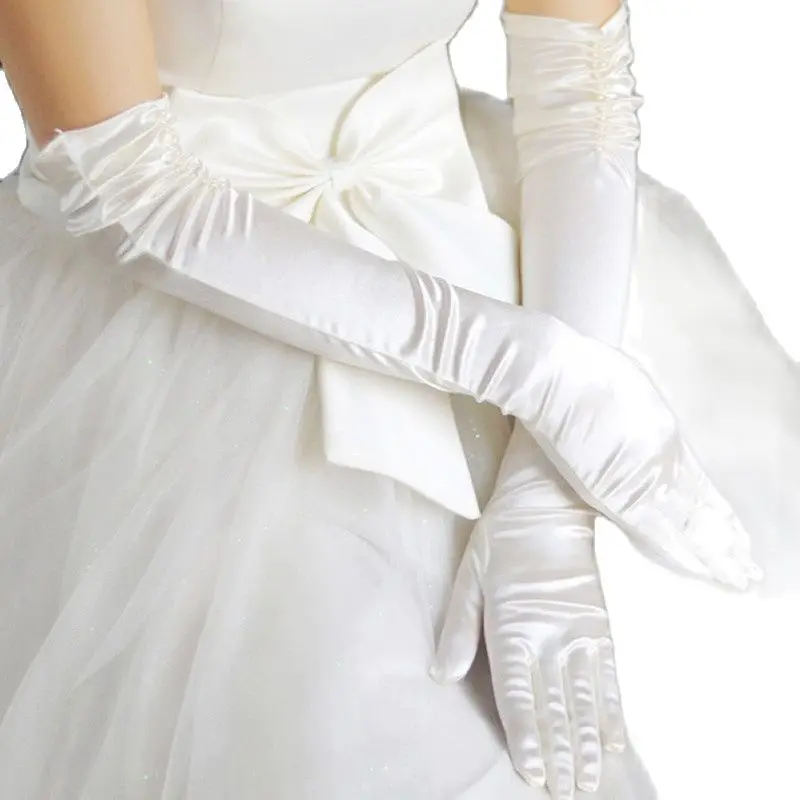 

1 Pair Bride Bridal Wedding Gloves Red Black White Ivory Long Beaded Satin Elegant for Women Finger gants mariage luvas de noiva