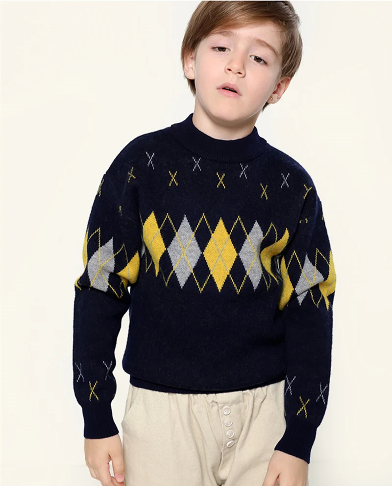 Зимний высококачественный кашемировый свитер для детей, пуловер с ромбами, свитер теплый Детский кардиган, шерстяной свитер для мальчиков джемпер, 110-180 см