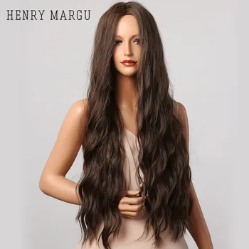 

HENRY MARGU Dark Brown Wave Wigs Long Synthetic Wavy Natural Hair Temperature Wigs For Black/White Women Daily Party Hairs