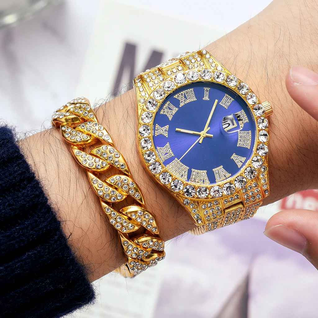 2 Pcs Watch+bracelet Hip Hop Stainless Steel Gold Color Calendar Watch For Men Iced Out Paved Rhinestones Men Watch Reloj Hombre