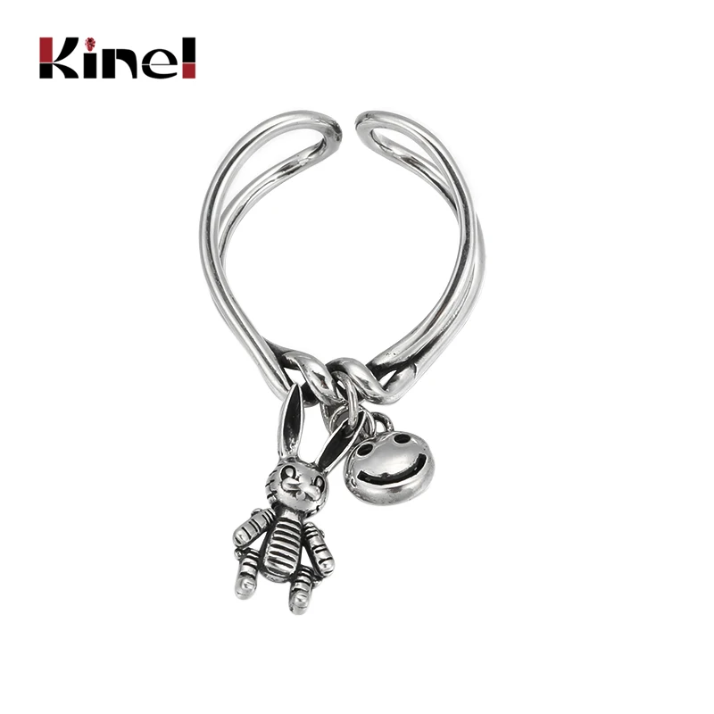 

Kinel S925 Sterling Silver Jewelry retro Personality Adjustable Temperament Open Ring Female Creative Rabbit Smiley face wedding