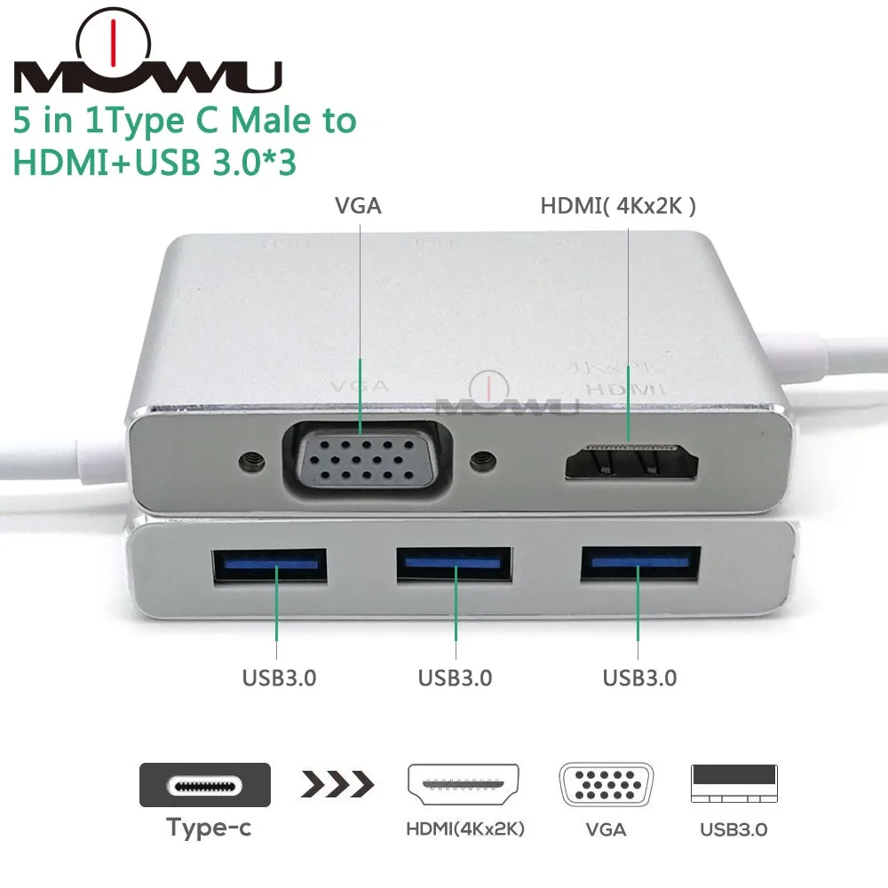 5 в 1 Тип C штекер HDMI+ VGA+ USB 3,0 Женский видео адаптер алюминиевый переходник 4K 1080P конвертер для Macbook