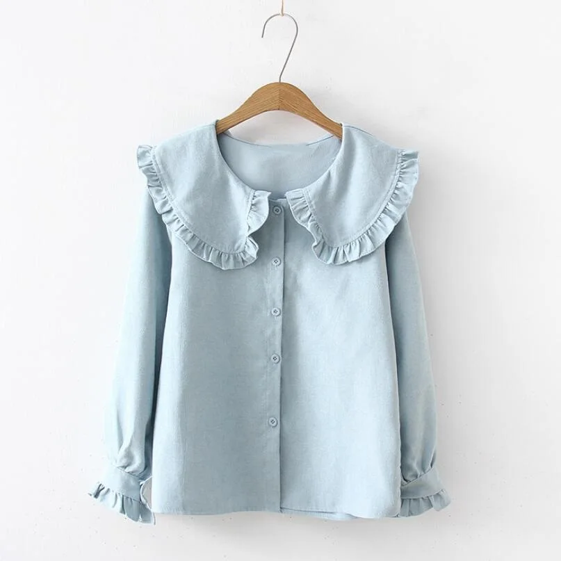 2020 Korean Spring Autumn Long Sleeve Ruffles Peter Pan Collar Women Blouse Shirts Tops Female School Uniform Girls White Shirt 4