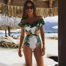 Женский купальник, сексуальный цветочный слитный купальник с бретельками, купальник с оборками, монокини с открытыми плечами, купальный костюм размера плюс, пляжная одежда