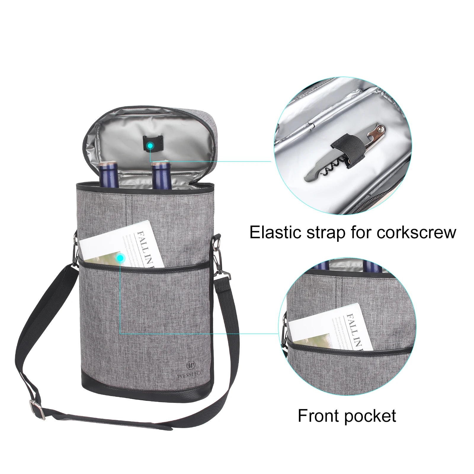 WESSLECO 2 Bottle Large Insulated Wine Tote Bag for Travel Outdoor Thermal Refrigerator Picnic Cooler Handbag