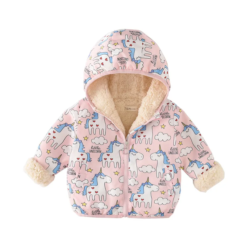 Scsech/Детская Вельветовая куртка для девочек с рисунком единорога и животных; Верхняя одежда с капюшоном; утепленное пальто для маленьких мальчиков; WJ34