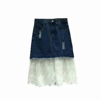 

Fashionable new lace stitching denim female mid-length high waist A-line skirt