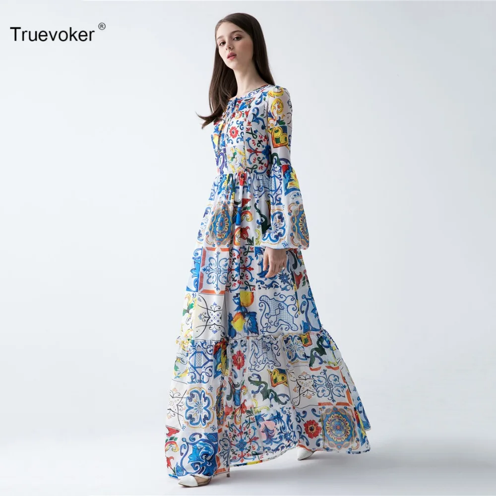 

Truevoker Designer Maxi Dress Women's High Quality Flare Sleeve Vintage Porcelain Printed Holiday Ankle Length Silk Dress