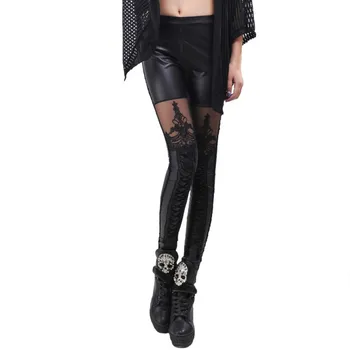 

Sexy Woman Pants Personality Stitching Lace Stretch Skinny Leg Faux Leather Leggings Women Pants Punk Legging