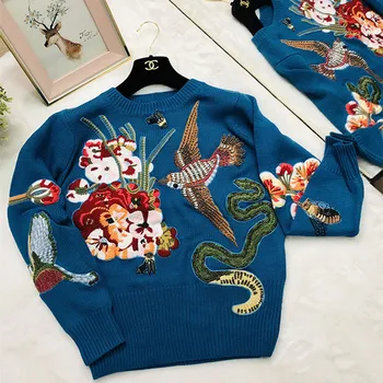 

2020 spring and autumn new style nail bead water drill flower bird embroidery outside wear sweater knitwear female