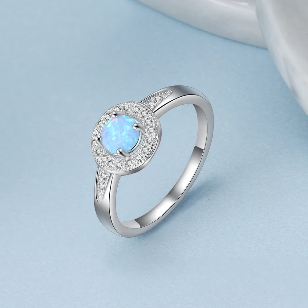 Silver Color Round Blue Opal Rings Women Zircon Wedding Jewelry Birthday Gift Girlfriend (Lam Hub Fong) silver ring silver rings