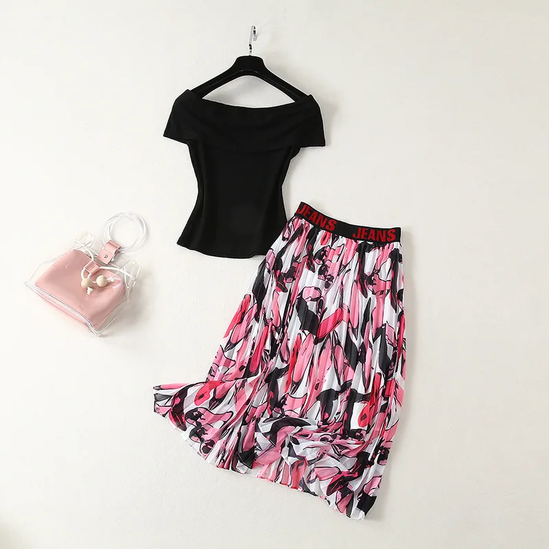 

2019 New Products What Spike Star Celebrity Style Gas Floral-Print Skirt + Off-shoulder Tops Two-Piece Set Fashion Skirt Set Sum
