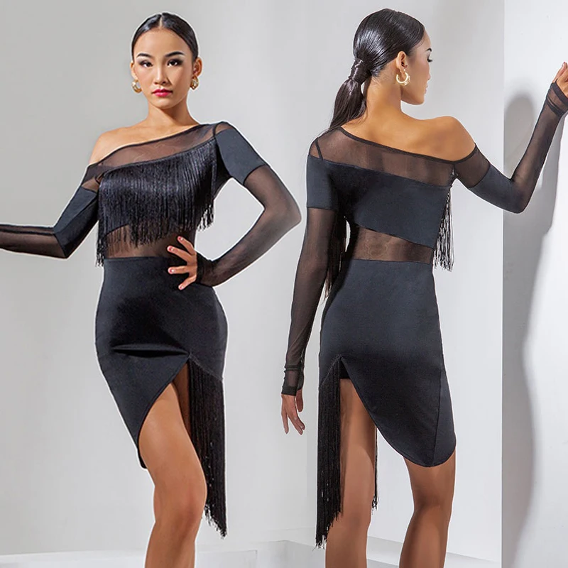 2021 Latin Dance Dress For Women Fringe Competition Black Irregular Party Show Samba Salsa Costumes DNV14632 | Тематическая одежда