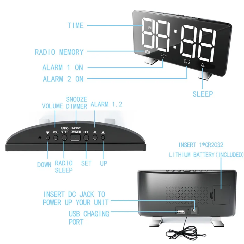 6 дюймов FM радио будильник большой светодиодный экран Поддержка двойные сигналы функция повтора времени памяти с usb зарядным портом EU/US Plug