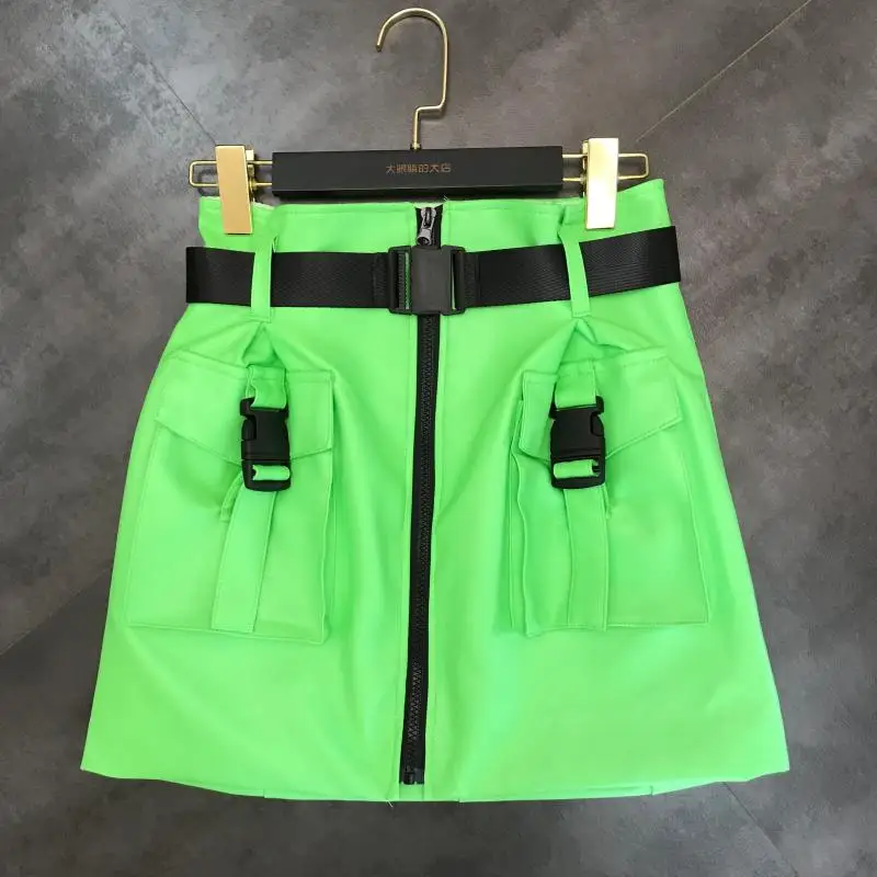 Осенние новые двойные карманы сплошной цвет Повседневная дикая кожаная женская юбка-карандаш - Цвет: Зеленый