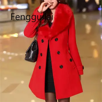 

FENGGUILAI Plus Size Winter Fur Collar Wool Coats Pocket Bodycon Korean Style Fashion Ladies Elegant Coat 2019 5xl Yellow Camel
