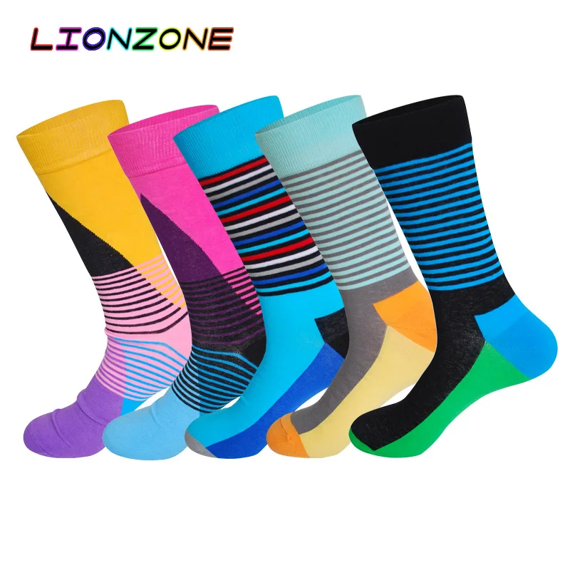 Носки LIONZONE мужские цветные хлопковые с геометрическим рисунком в полоску