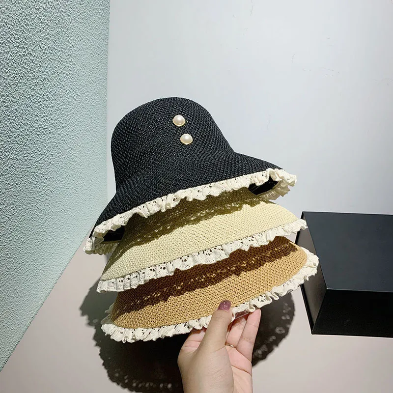 

Панама женская однотонная с жемчугом, Пляжная Складная соломенная шляпа с защитой от солнца, для улицы, 56-58 см, в стиле кэжуал, для путешествий, весна-лето