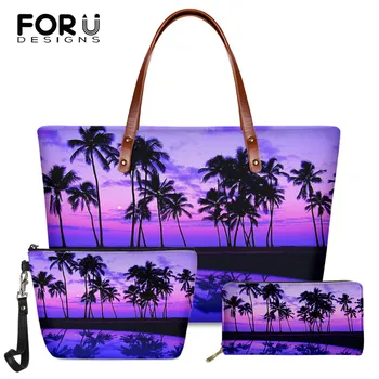 

FORUDESIGNS Purple Dusk and Coconut Tree Pattern Women Luxury Handbag Fashion Tote Bag With Zipper Wallet Credit Card Holder