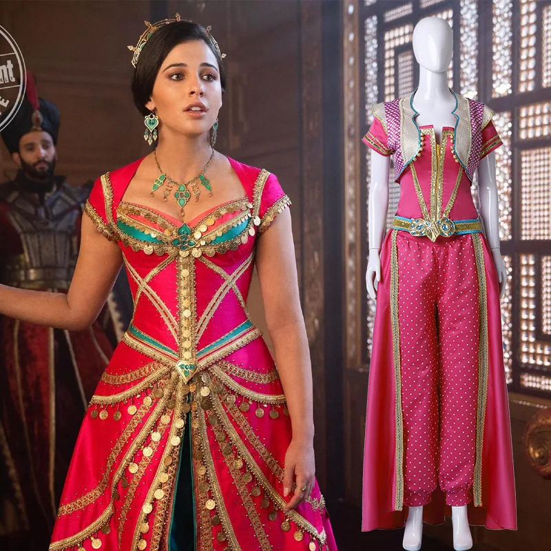 

Women Princesa Jasmine Cosplay Costume Halloween Makeup Cosplay Movie Aladdin Princess Outfit Rose Red Suit Fancy Top Pants