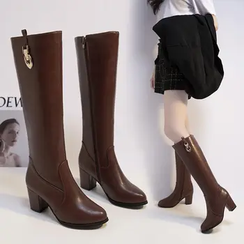 

2020 New Stretch Knight Boots Women High Tube Mid-heel Round Toe Thick Heel Fashion Slim Knee-length Boots Brown Platform Shoes