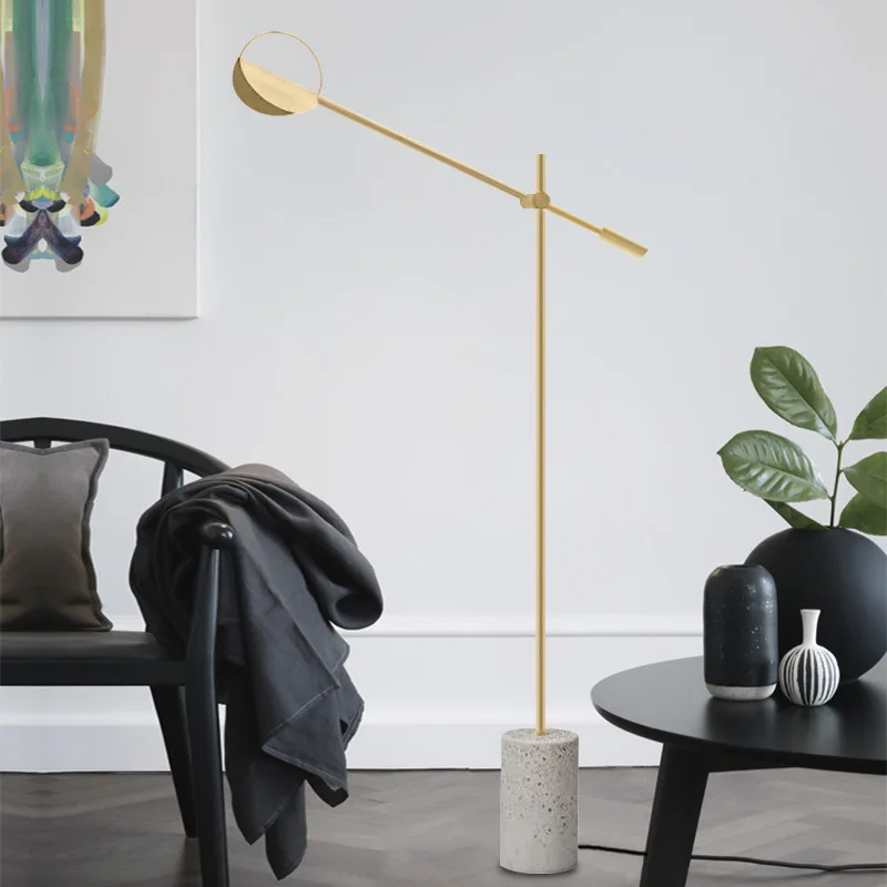 

Modern Minimalism Stone Terrazzo Floor Lamp with Gold / Black Plated Iron Swing Arm LED Floor Light for Bedroom Living Room