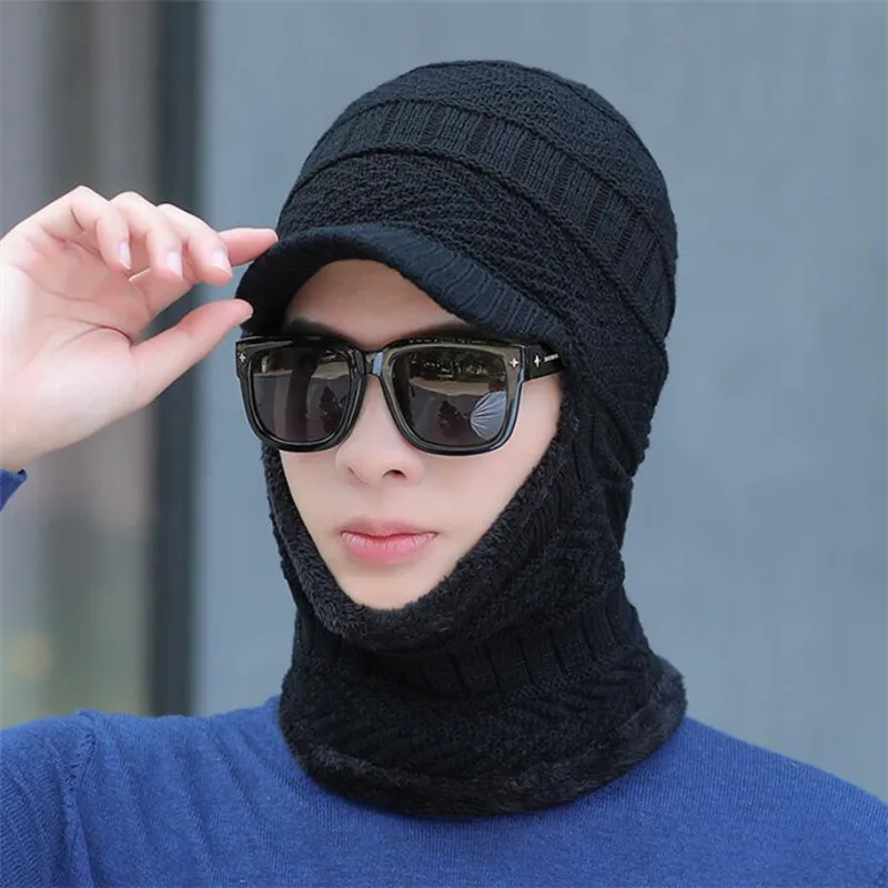 

Winter Knit Hat Scarf Set Men Women Warm Plush Hooded Hat Scarf With Brim Male Visor Beanies Adult Solid Wavy Cap Ring Scarves