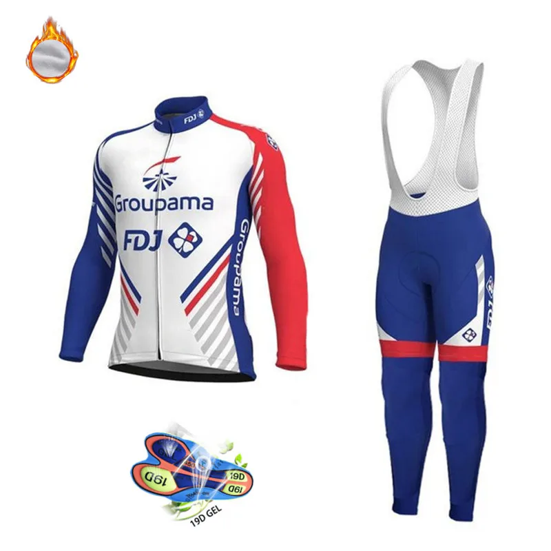 

2020 FDJ Pro Team Long Sleeve Jersey Suit Winter Thermal Fleece Bib Pants Cycling Clothes Men Outdoor Riding Bike MTB Clothing