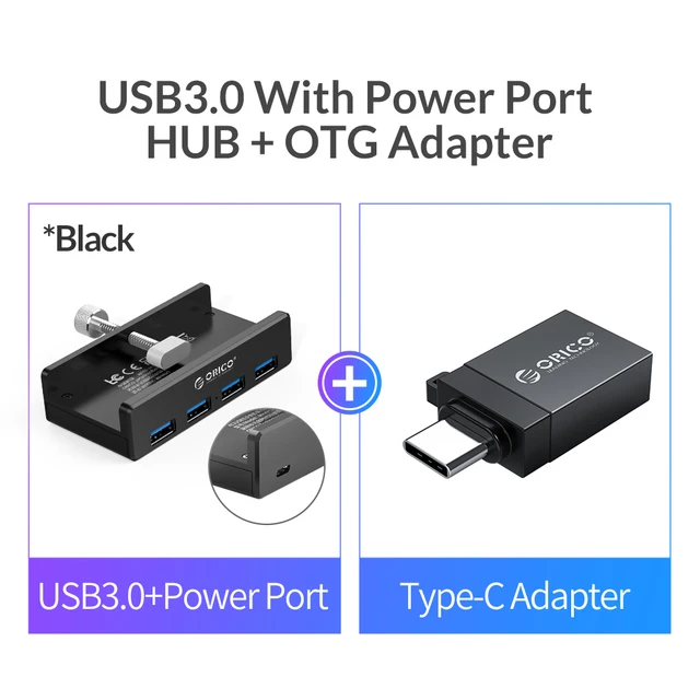 ORICO Clip-type USB 3.0 HUB Aluminum External Multi 4 Ports USB Splitter Adapter for Desktop Laptop Computer Accessories(MH4PU) Power Adapter Black