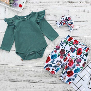 

Toddler Infant Newborn Baby's Girls Sets Round Neck Long Sleeve Romper Bodysuit + Floral Trousers + Hair Band Girls Clothing Set