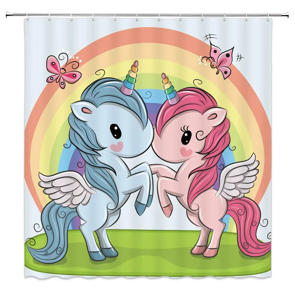 

Cartoon Unicorn Shower Curtain Birthday Decor Colorful Rainbow Bathroom Curtain Decor Machine Washable with Hooks