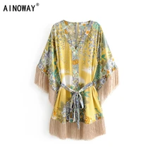 Винтажное шикарное женское платье с цветочным принтом и глубоким v-образным вырезом, богемное мини-платье с кисточками, кимоно, женские платья с коротким рукавом в стиле бохо vestidos