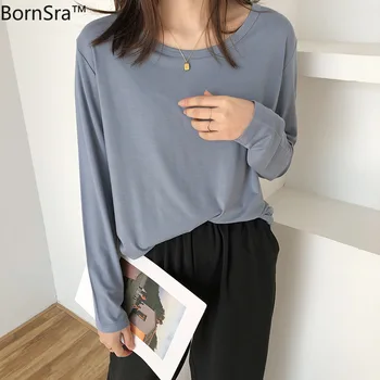 

BornSra 2020 Summer Solid Color O-neck Long Sleeve Shirt Women Casual Cotton Tops T-Shirts Wild Loose Ladies Tees High Quality