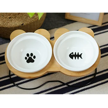 

Hot Sale High-end Pet Bowl Bamboo Shelf Ceramic Cat Feeding and Drinking Bowls for Dogs Cats Pet Feeder Accessories
