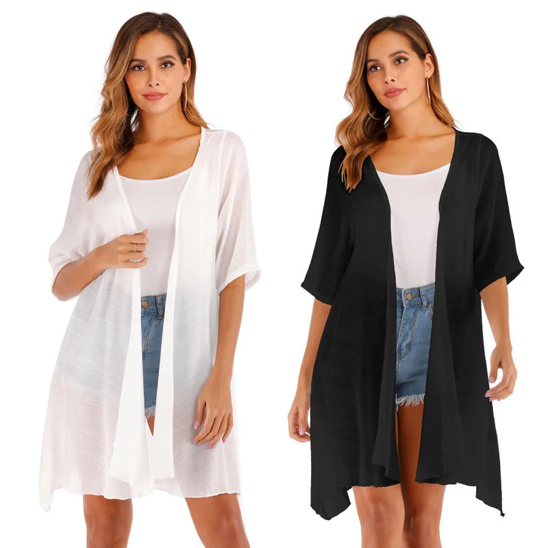 

Beach Robe Swim Cover Up Dress Summer 2019 For Beaches New Pure Color Short Long Sleeve Joker Cardigan Thin Solid Acetate Sierra
