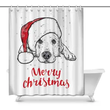 

Cute Labrador Puppy Dog with New Year Santa Claus Hat House Decor Shower Curtain for Bathroom, Decorative Fabric Bath Curtain