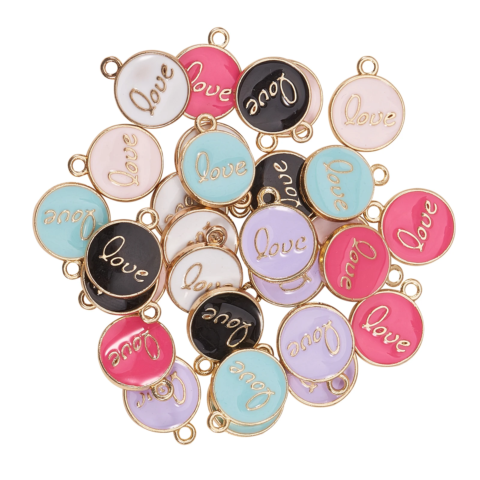 60Pcs/box Alloy Enamel Flat Round with Word Love Charms Pendants for Women DIY Necklace Earrings Jewelry Making Accessories