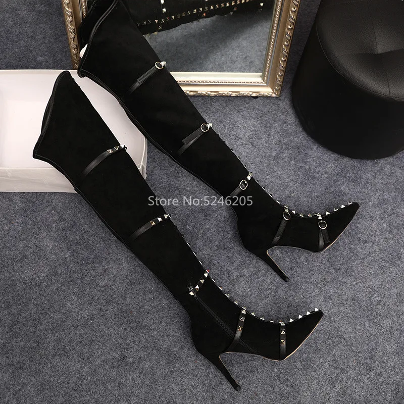 Botines Mujer/высокие сапоги модные женские сапоги до бедра с заклепками и ремешками женская обувь черного цвета с острым носком на высоком каблуке 8/10 см