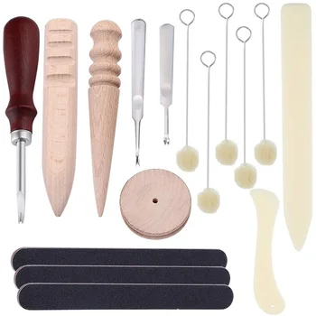 

16 Pieces Leather Edge Beveler with Multi-Size Solid Wood Leather Craft Edge Slicker Burnisher, Sanding Strip, Wool Daubers and