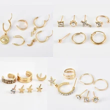 7 шт., винтажные серьги в богемном стиле, смешанный дизайн, маленькие звезды, крест, кристалл, женский модный пирсинг, серьги-гвоздики, Круг манжеты, набор сережек