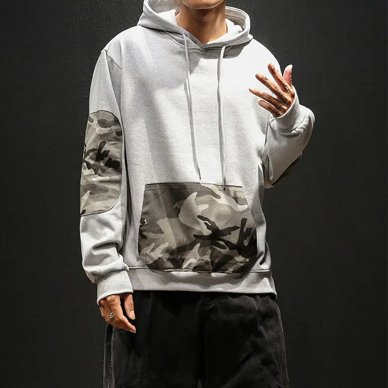 Gray Harajuku Large Sizes Man Hoodies Camouflage Patchwork Men's Sweatshirts Pocket Black Gray Men Hooded Sweatshirts - Цвет: Gray