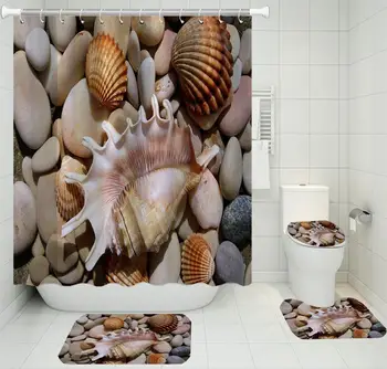 

Waterproof Bath Curtain Bath Rug Mat Toilet Lid Cover Beach Stone Print Polyester Shower Curtain 4 Piece Bathroom Set with Hooks