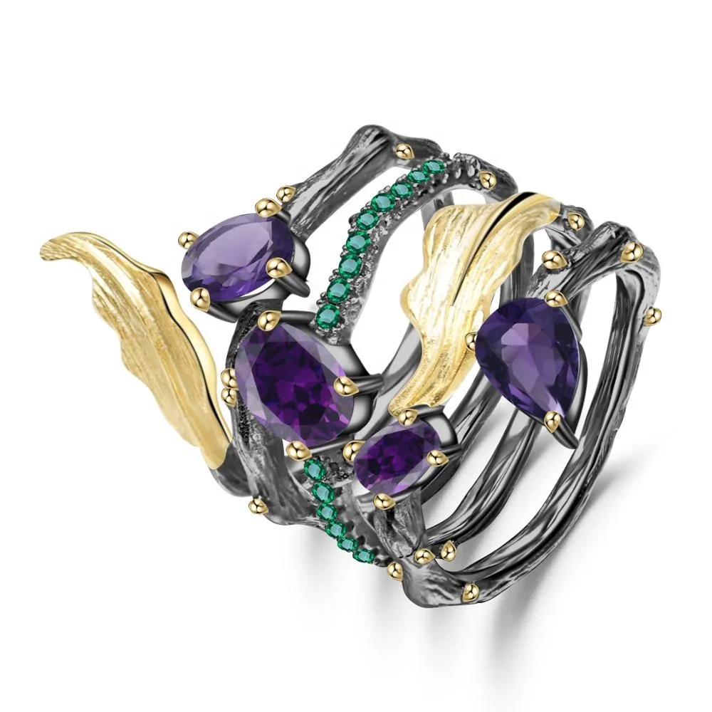 Vintage Exquisite Black Gold Color Leaf Feather Ring Female Purple/Red/Green Crystal Stone Wedding Party Jewelry Accessoire | Украшения и