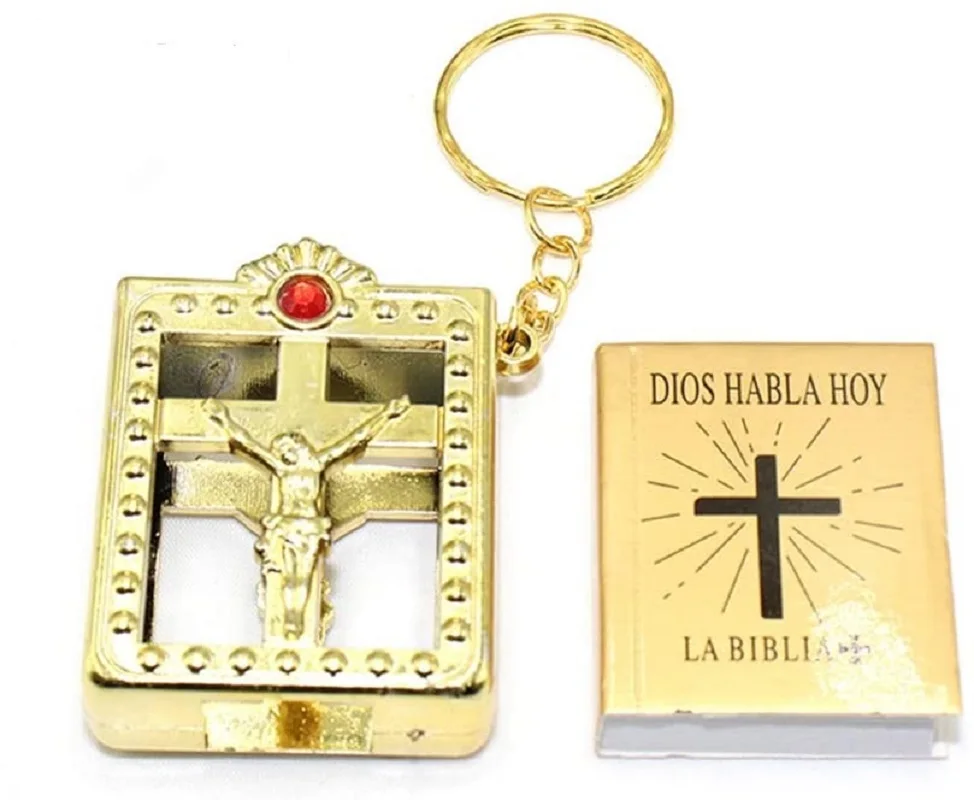 Pop Keychain Toys 20pcs Spanish Real Mini Holy Bible Keychain Catholicism Christian Jesus Cross Keychain First Communion Religion Party Holy gift